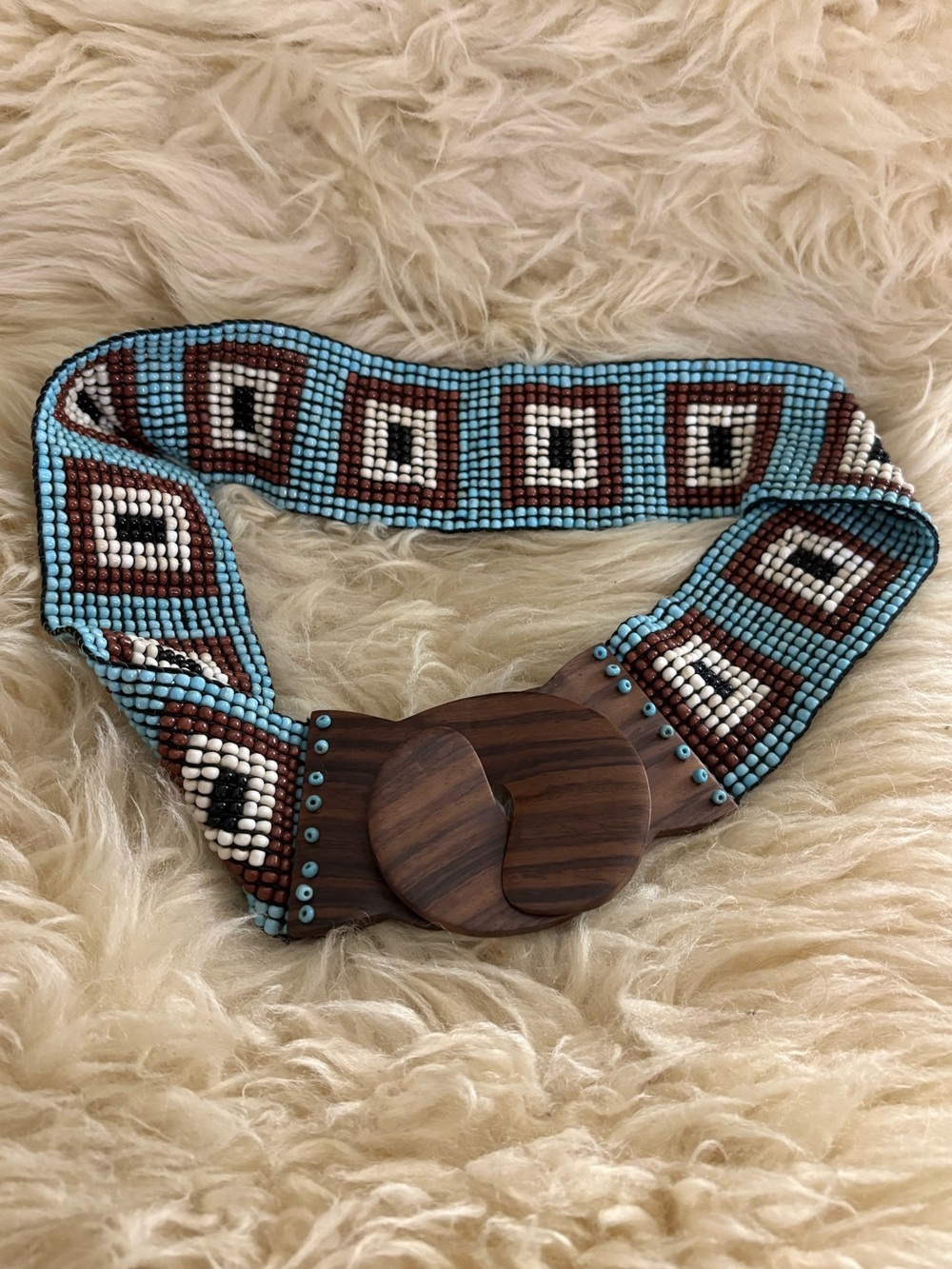 Beaded Turquoise and Brown Wide Stretch Belt with Wooden Buckle